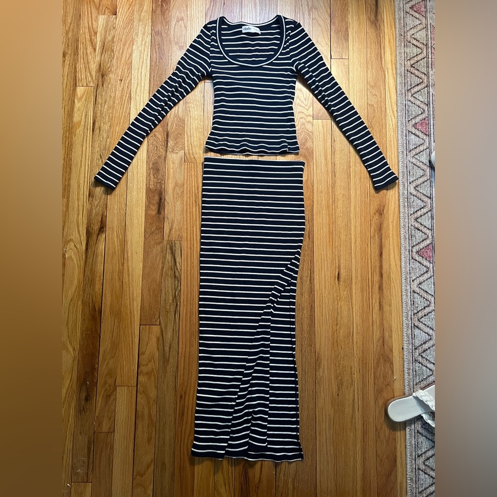 Elodie Black and White Striped Long Sleeve Crop Top and Maxi Skirt Set